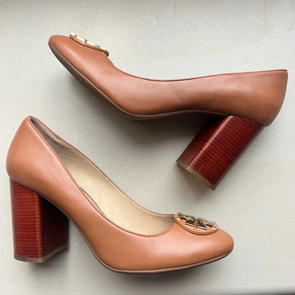 Tory Burch Janey Women 10.5 Tan Brown Leather Block Wood‎ Grain Heel Logo Pump